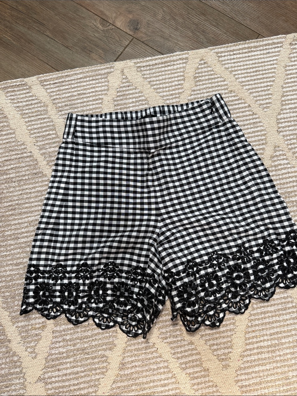 J. Crew Black & White Gingham Lace-Hem High Waist Shorts
